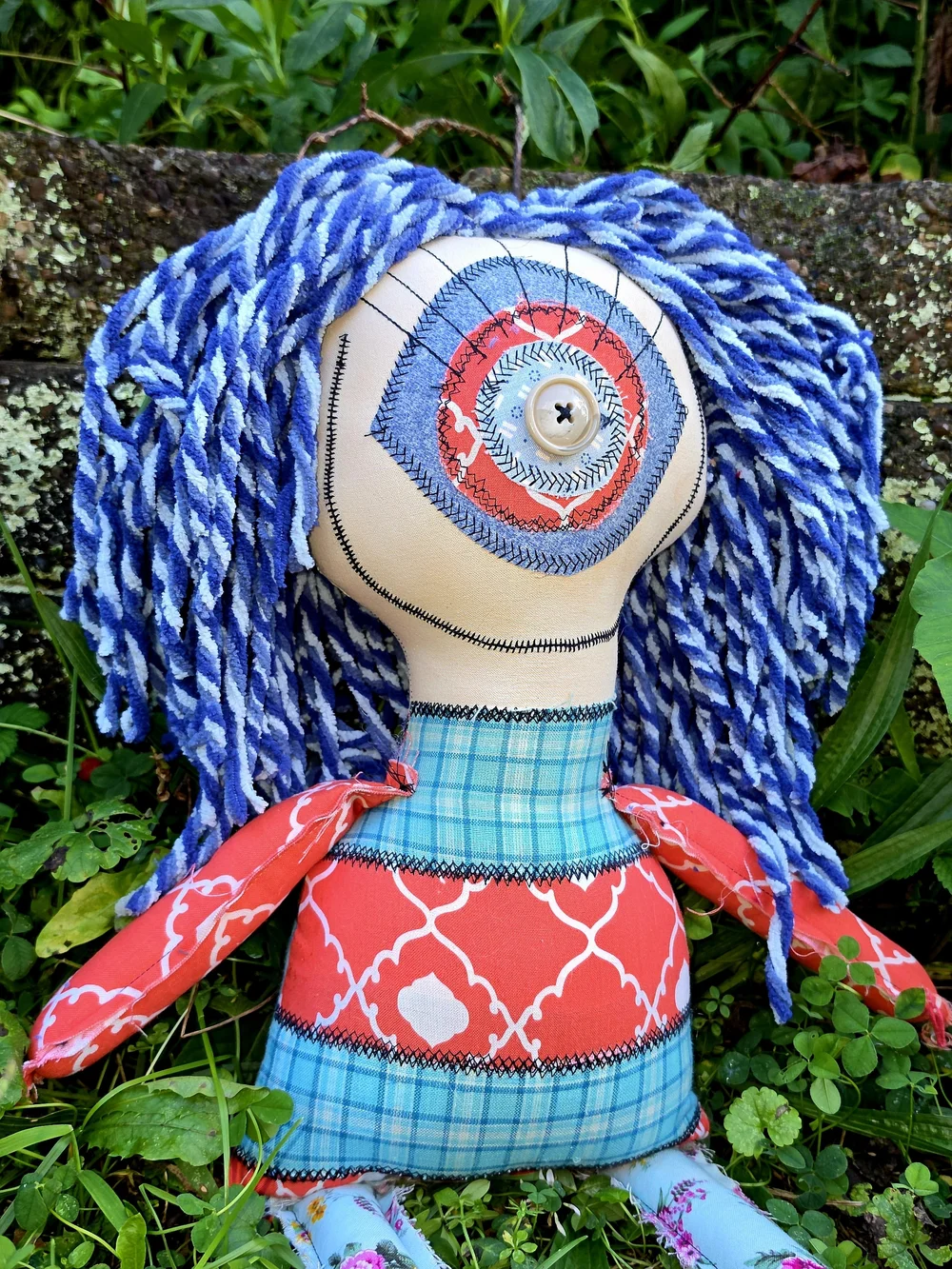 OOAK Handmade Art Doll Moxie Blue | Dumpster Dollies Creepy Cute Rag Doll